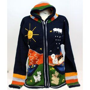 Peruvian Womens Lg Cardigan Sweater Whimsical Applique Fun Hoodie Animals Long